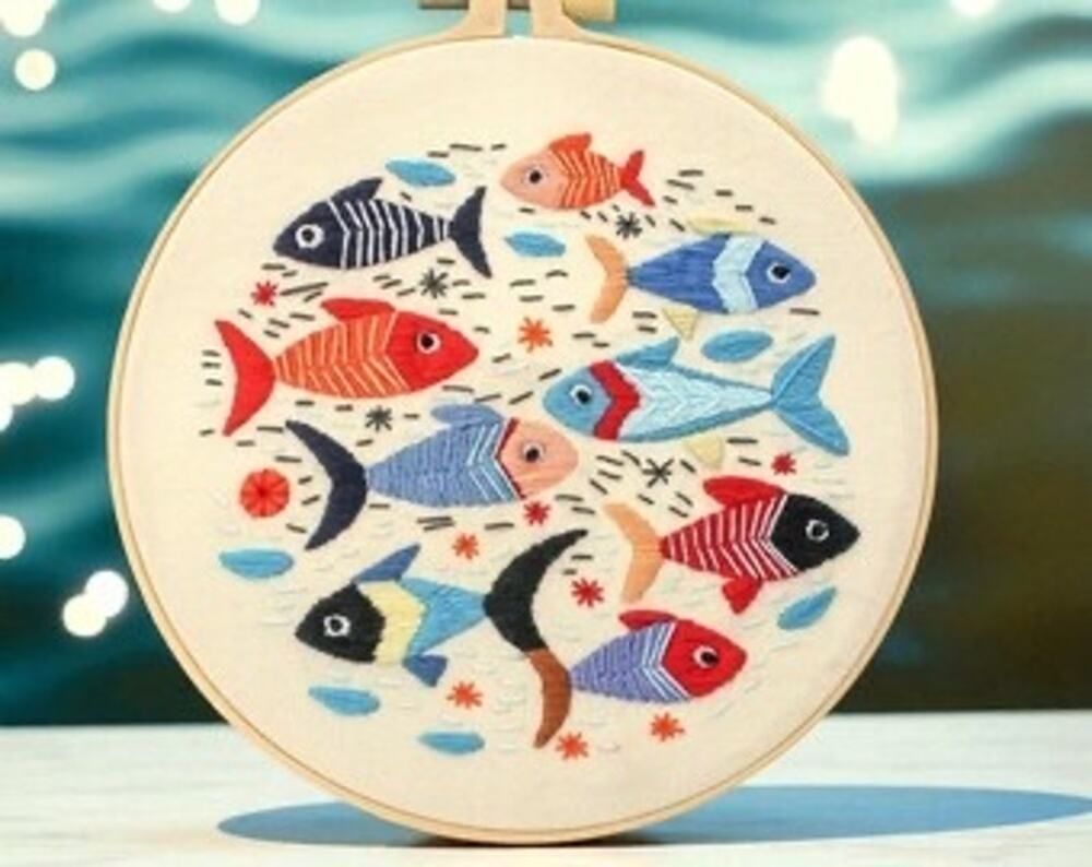 Fish Embroidery Kit Aquatic Hoop Art, Ocean Fish Needlework DIY Craft